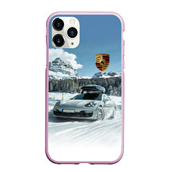 Чехол iPhone 11 Pro матовый Porsche on a mountain winter road, цвет: 3D-розовый