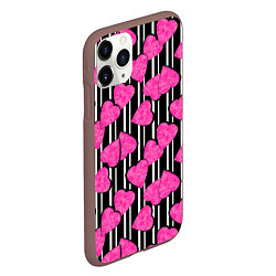Чехол iPhone 11 Pro матовый Малиновые мраморные сердца на полосатом черно фоне, цвет: 3D-коричневый — фото 2