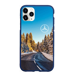 Чехол iPhone 11 Pro матовый Мерседес - зимняя дорога через лес, цвет: 3D-тёмно-синий