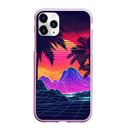 Чехол iPhone 11 Pro матовый Тропический остров с пальмами ретро иллюстрация, цвет: 3D-розовый