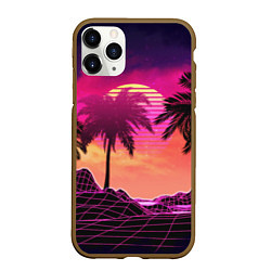 Чехол iPhone 11 Pro матовый Пальмы и пляж в розовом закате ретро дизайн, цвет: 3D-коричневый
