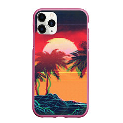 Чехол iPhone 11 Pro матовый Пальмы и пляж на закате с помехами VHS ретро дизай, цвет: 3D-малиновый