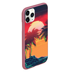 Чехол iPhone 11 Pro матовый Пальмы и пляж на закате с помехами VHS ретро дизай, цвет: 3D-малиновый — фото 2