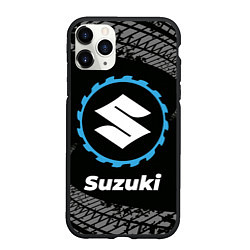 Чехол iPhone 11 Pro матовый Suzuki в стиле Top Gear со следами шин на фоне, цвет: 3D-черный