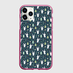Чехол iPhone 11 Pro матовый Новогодний паттерн, год кролика, цвет: 3D-малиновый