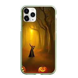 Чехол iPhone 11 Pro матовый Ведьма в черном платье в заколдованном лесу с тыкв