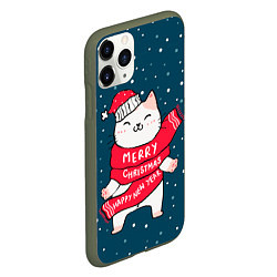 Чехол iPhone 11 Pro матовый Новогодний котик в колпачке, цвет: 3D-темно-зеленый — фото 2