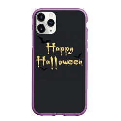 Чехол iPhone 11 Pro матовый Happy Halloween надпись с летучими мышами, цвет: 3D-фиолетовый