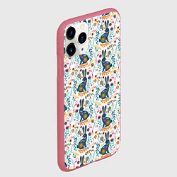 Чехол iPhone 11 Pro матовый Новогодний паттерн - Кролики и веточки, цвет: 3D-малиновый — фото 2