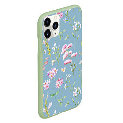 Чехол iPhone 11 Pro матовый Акварельные розовые цветы на голубом фоне, цвет: 3D-салатовый — фото 2
