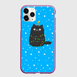 Чехол iPhone 11 Pro матовый Котоёлочка - на фоне снегопада