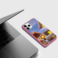 Чехол iPhone 11 Pro матовый Украшенный новогодний коттедж и снежные сугробы, цвет: 3D-малиновый — фото 2