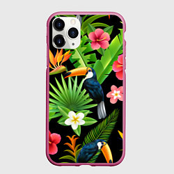 Чехол iPhone 11 Pro матовый Тропический паттерн с туканом, цвет: 3D-малиновый