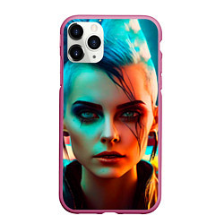 Чехол iPhone 11 Pro матовый Нейросеть - девушка в стиле киберпанк, цвет: 3D-малиновый