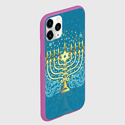 Чехол iPhone 11 Pro матовый Золотая менора с синим цветочным орнаментом, цвет: 3D-фиолетовый — фото 2