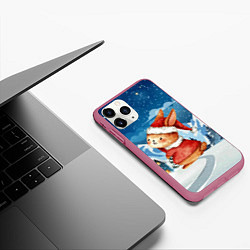 Чехол iPhone 11 Pro матовый Новогодний заяц снежный фон, цвет: 3D-малиновый — фото 2