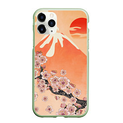 Чехол iPhone 11 Pro матовый Ветка цветущей сакуры и вулкан, цвет: 3D-салатовый