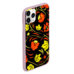 Чехол iPhone 11 Pro матовый Хохлома черный фон, цвет: 3D-розовый — фото 2