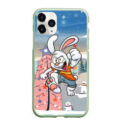 Чехол iPhone 11 Pro матовый Веселый заяц на фоне елки