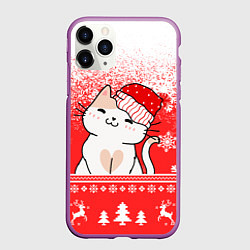 Чехол iPhone 11 Pro матовый Новогодний милый котик, цвет: 3D-фиолетовый
