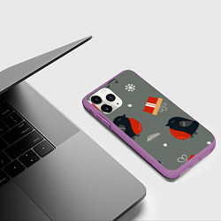 Чехол iPhone 11 Pro матовый Новогодние снегири, цвет: 3D-фиолетовый — фото 2