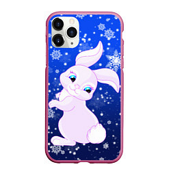 Чехол iPhone 11 Pro матовый Кролик на фоне снежинок, цвет: 3D-малиновый