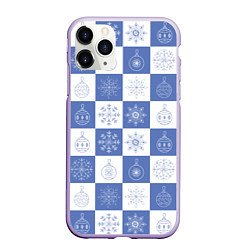 Чехол iPhone 11 Pro матовый Сине-белые квадраты со снежинками, цвет: 3D-светло-сиреневый