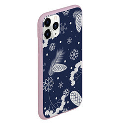 Чехол iPhone 11 Pro матовый Зимние ягоды и шишки на синем фоне, цвет: 3D-розовый — фото 2