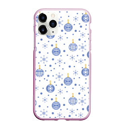 Чехол iPhone 11 Pro матовый Голубые новогодние шарики со снежинками, цвет: 3D-розовый