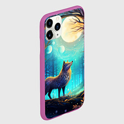 Чехол iPhone 11 Pro матовый Волк в ночном лесу в folk art стиле, цвет: 3D-фиолетовый — фото 2