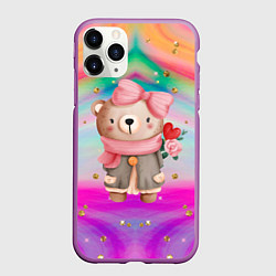 Чехол iPhone 11 Pro матовый Мишка с сердечком и цветком