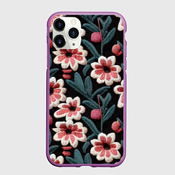 Чехол iPhone 11 Pro матовый Эффект вышивки цветы, цвет: 3D-фиолетовый