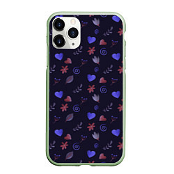 Чехол iPhone 11 Pro матовый Паттерн с сердечками и цветами, цвет: 3D-салатовый