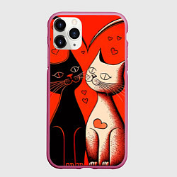 Чехол iPhone 11 Pro матовый Влюблённые кошки на красном фоне, цвет: 3D-малиновый