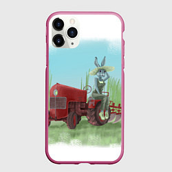 Чехол iPhone 11 Pro матовый Зайка на тракторе, цвет: 3D-малиновый