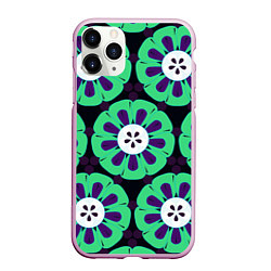 Чехол iPhone 11 Pro матовый Паттерн голубо-зеленые зубастые цветы, цвет: 3D-розовый