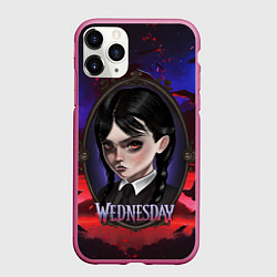 Чехол iPhone 11 Pro матовый Уэнсдэй в винтажной раме на фоне заката, цвет: 3D-малиновый