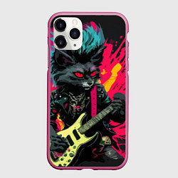 Чехол iPhone 11 Pro матовый Rocker Cat on a dark background - C-Cats collectio, цвет: 3D-малиновый