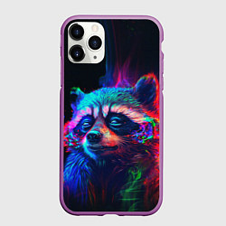 Чехол iPhone 11 Pro матовый Енот в неоновой дымке, цвет: 3D-фиолетовый