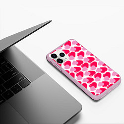 Чехол iPhone 11 Pro матовый Двойные сердечки - паттерн, цвет: 3D-розовый — фото 2