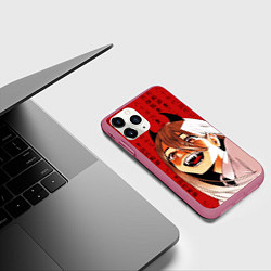 Чехол iPhone 11 Pro матовый Человек - бензопила Пауэр и иероглифы, цвет: 3D-малиновый — фото 2