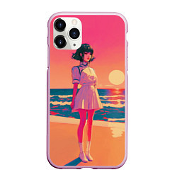 Чехол iPhone 11 Pro матовый Аниме-девушка в белом платье на фоне розового зака