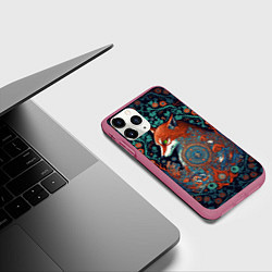 Чехол iPhone 11 Pro матовый Рыжая лиса с орнаментом, цвет: 3D-малиновый — фото 2