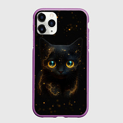 Чехол iPhone 11 Pro матовый Черный котенок с желтыми глазами - нейросеть, цвет: 3D-фиолетовый