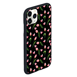 Чехол iPhone 11 Pro матовый Тюльпаны и сердечки на черном - паттерн, цвет: 3D-черный — фото 2