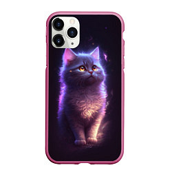Чехол iPhone 11 Pro матовый Неоновый котик и луна, цвет: 3D-малиновый