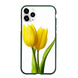 Чехол iPhone 11 Pro матовый Желтые тюльпаны на белом, цвет: 3D-темно-зеленый