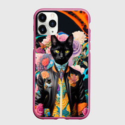 Чехол iPhone 11 Pro матовый Модный чёрный кот - нейросеть - мода, цвет: 3D-малиновый