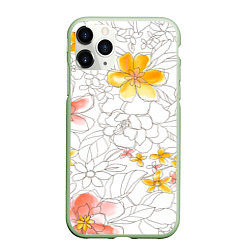 Чехол iPhone 11 Pro матовый Нарисованный цветы - светлый, цвет: 3D-салатовый