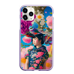 Чехол iPhone 11 Pro матовый Девочка с птицами среди цветов - мскусство, цвет: 3D-светло-сиреневый